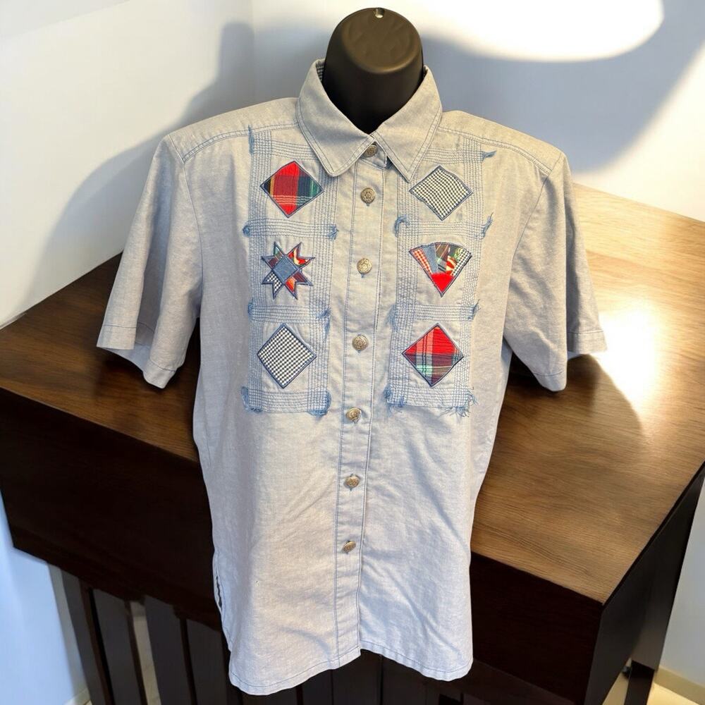 Koret Shirt Womens Blue Floral Buttons Embroidered Cottage Quilt Patchwork Sz Sm